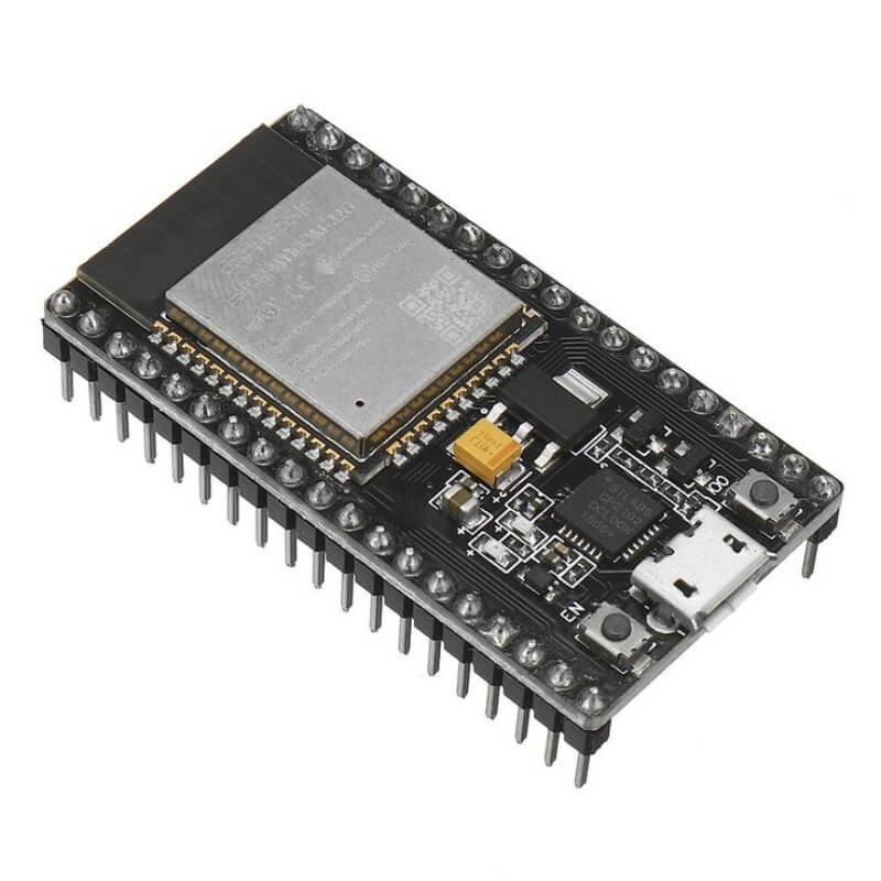 Placa de desarrollo ESP32 con módulo inalámbrico, mostrando sus componentes y diseño.